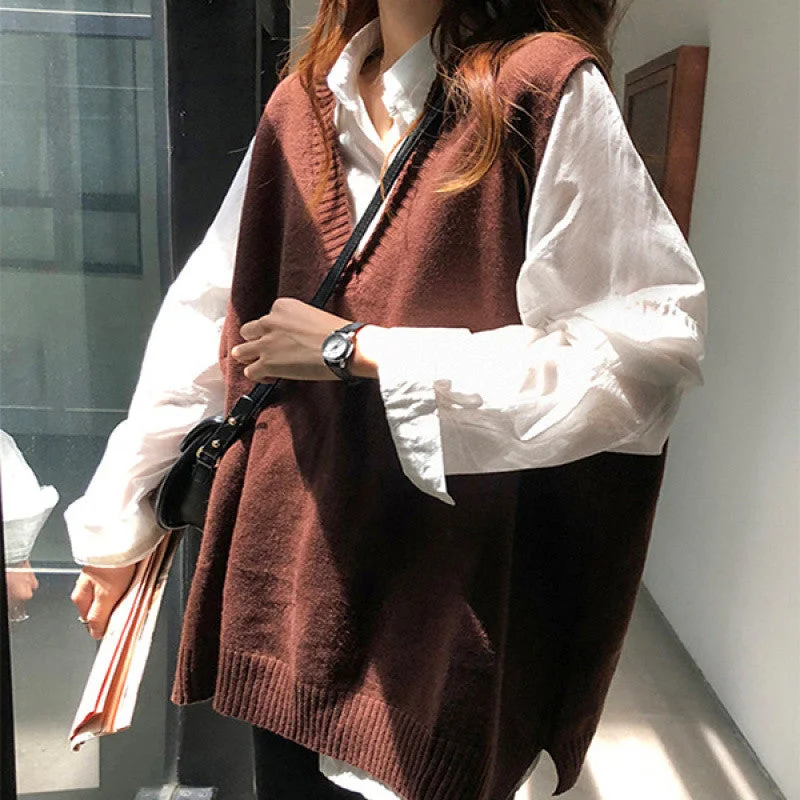 Wjczt fall outfits women Spring New Korean Style All-Match Vest Vest Lazy Style Sweater Female Student Loose Sleeveless Sweater Zippered Buttoned Snapped