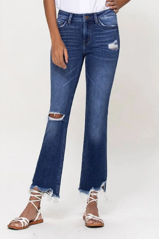 Sasha Mid Rise Ankle Flare Jeans In Dark Wash Fashionable Straight Fit Denim