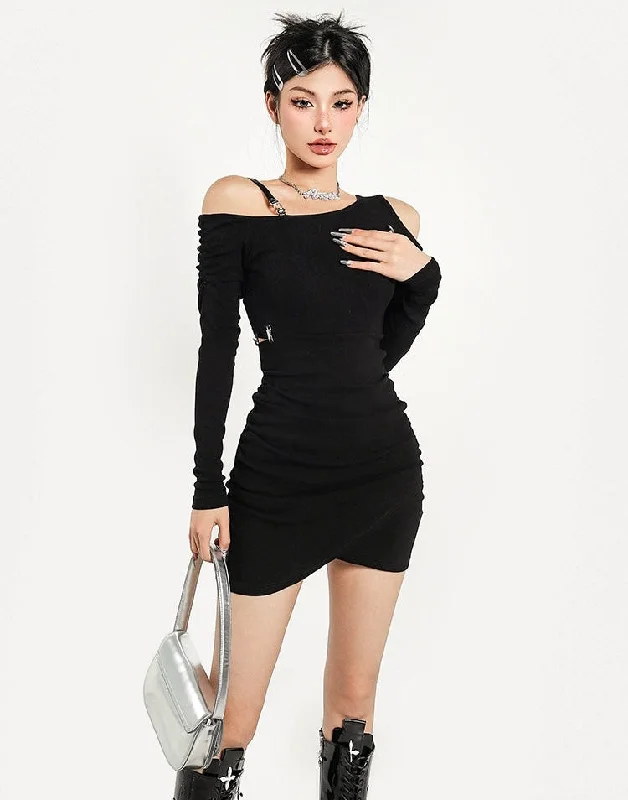 Alexa Solid Color Black Long Sleeve Mini Dress Comfortable Wrap Mini Dress