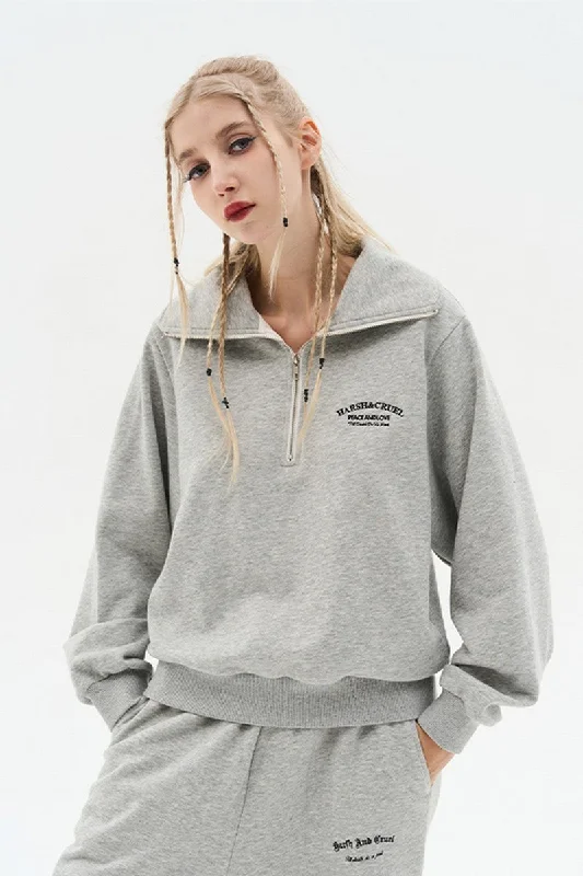 Embroidered Loose Pullover Sweatshirt Hoodie with Zipper Placket Modern Functional