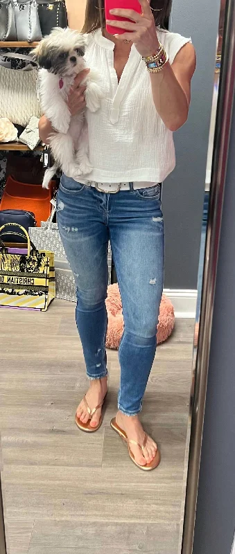 Carlin Mid Rise Crop Skinny Jean In Blue Fashionable Straight Fit Denim