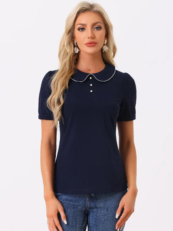 Peter Pan Collar Contrast Trim Puff Sleeve Blouse Classic Minimalist Blouse