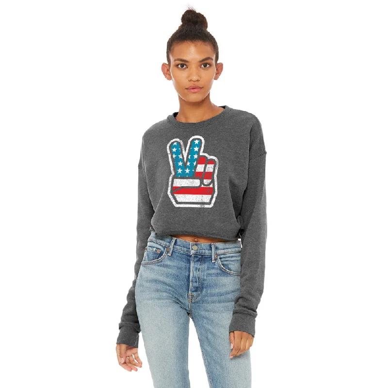 American Peace Sponge Fleece Crop Sweatshirt Hoodie with Embroidery Detailed Premium