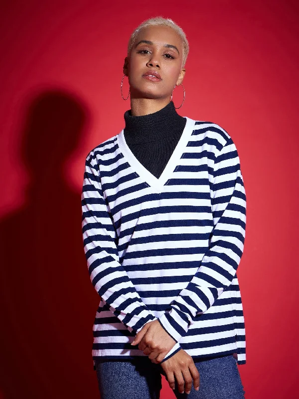 Women Navy & White Striped Sweater Terry Terry Cloth Terry Knit