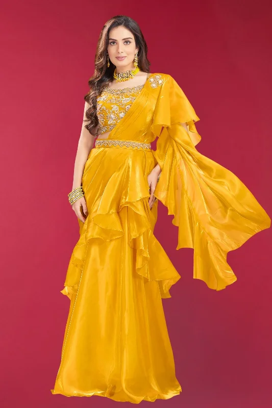Yellow Ruffle Readymade Fancy Saree with Readymade Blouse with Belt Floral Chiffon Blouse Yellow Ruffle Readymade Fancy Saree with Readymade Blouse with Belt Floral Chiffon Blouse