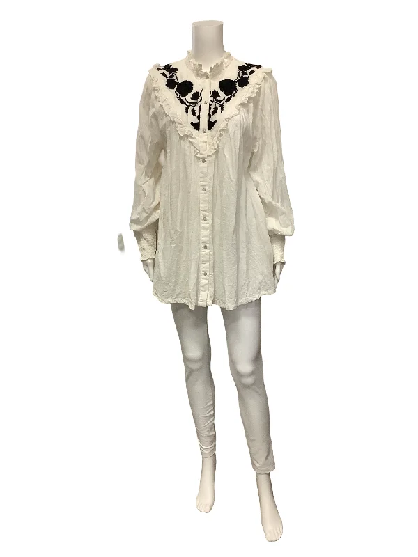 Free People Blouse White Peasant Rose Vine Embroidery Size: S Side Tie Blouse