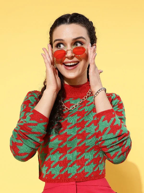 Women Red And Green Houndstooth Crop Sweater Anti-Pilling Anti-Shrink Durable