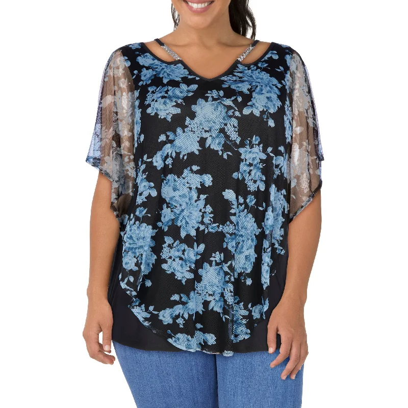 lily morgan Women's Plus Mesh Overlay V-Neck Blouse Delicate Bow Blouse