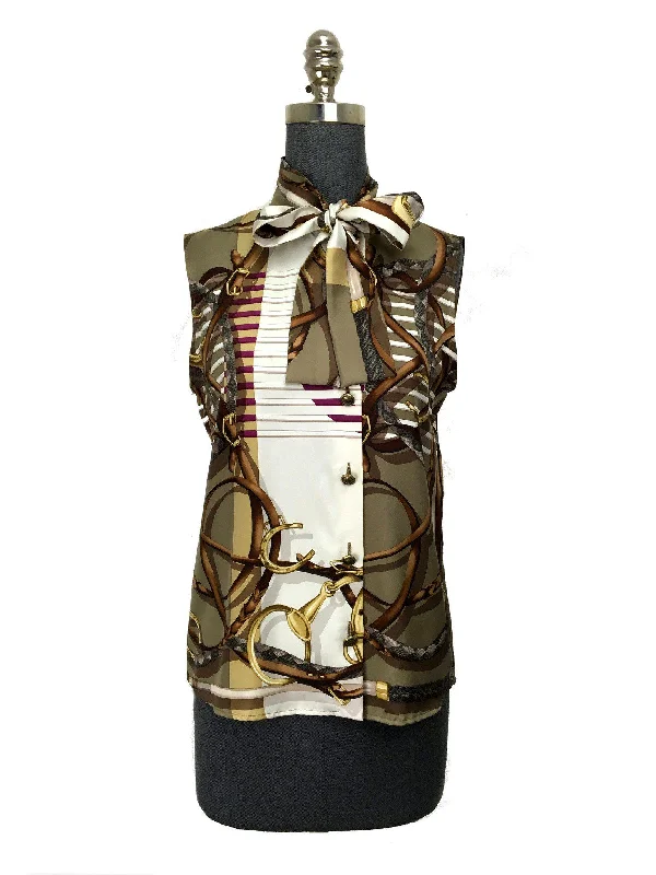 Gucci Iconic Equestrian Printed Silk Sleeveless Blouse Size M NWT Soft Pastel Blouse
