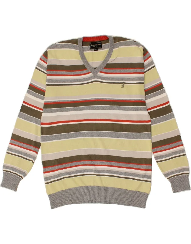 MARLBORO CLASSICS Mens V-Neck Jumper Sweater 2XL Multicoloured Striped Velvet Chenille Corduroy