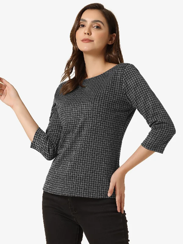 Work Office 3/4 Sleeve Boat Neck Houndstooth Printed Top Blouse Puff Sleeve Blouse