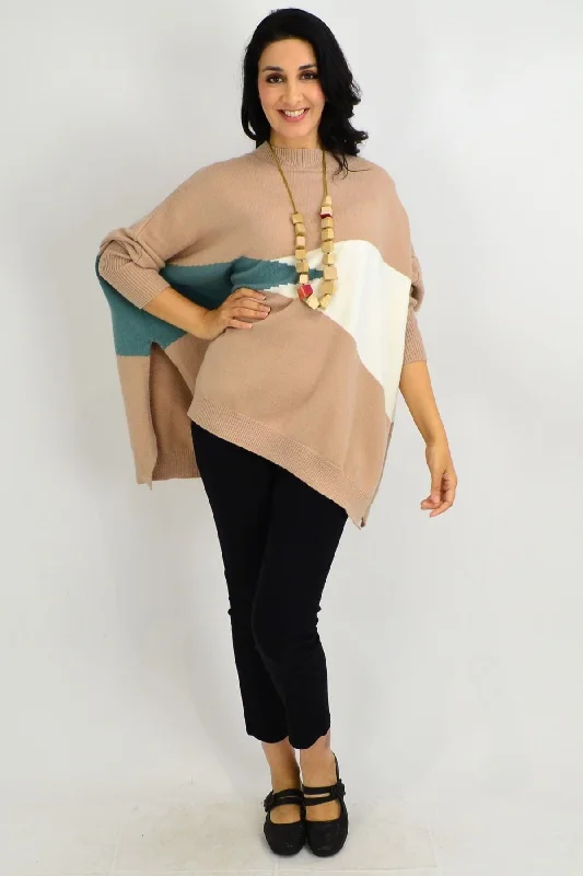 Camel Weekend Crew Neck Knit Tunic Jumper Satin Blend Silk Blend Wool Blend
