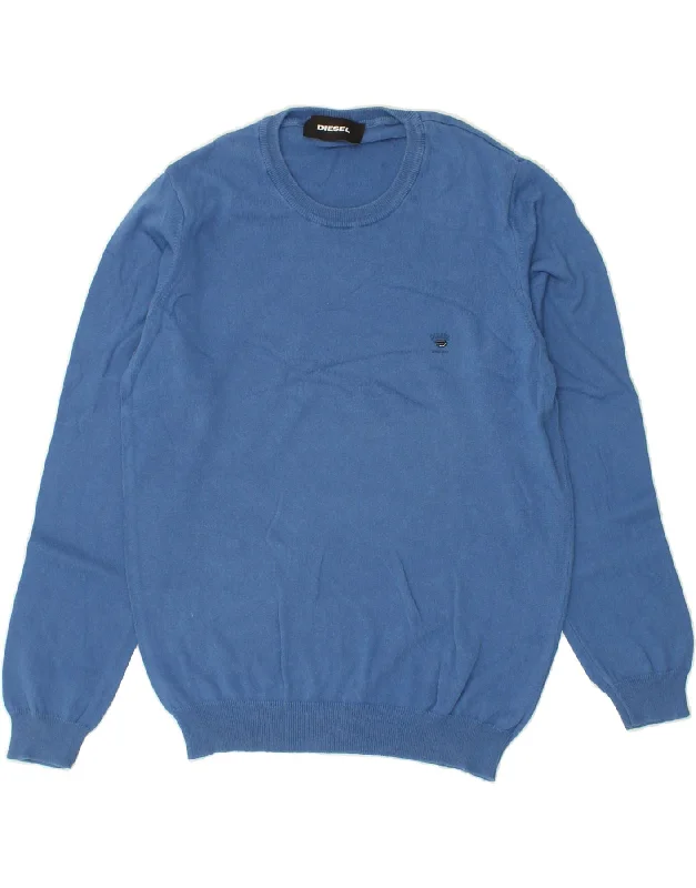 DIESEL Mens Crew Neck Jumper Sweater Small Blue Cotton Zippered Front Buttoned Front Snap Front