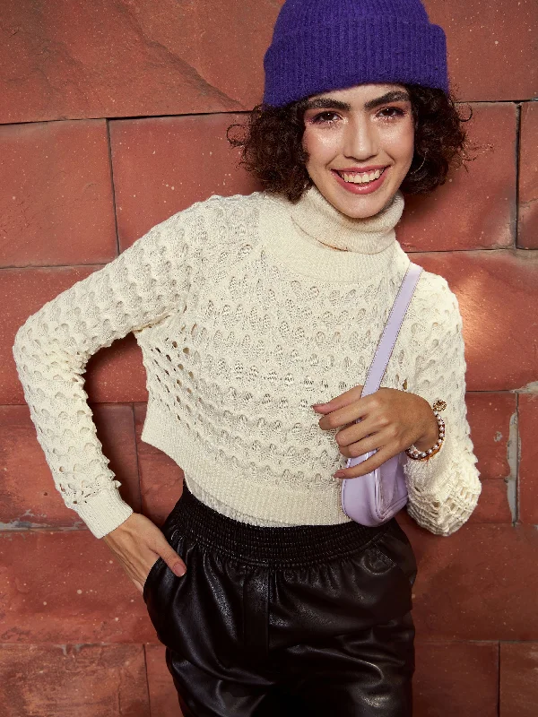 Women Off-White Crochet Crop Sweater Top Solid Print Embellished