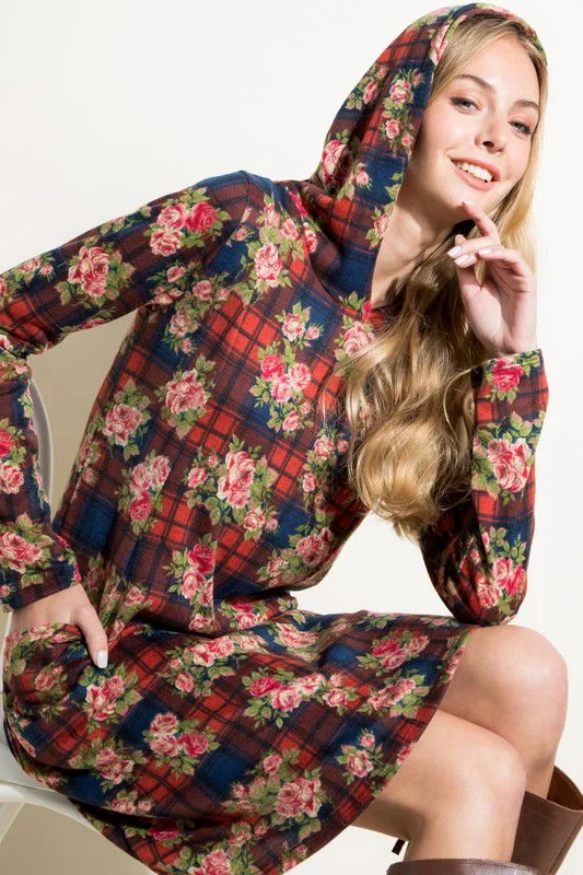 Floral And Plaid Print Sweatshirt Mini Dress Hoodie with Hem Elastic Stretchable Comfortable