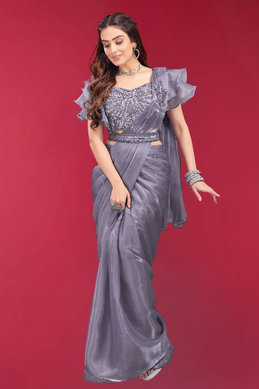 Light Purple Readymade Fancy Saree with Readymade Blouse with Belt Mandarin Collar Blouse Light Purple Readymade Fancy Saree with Readymade Blouse with Belt Mandarin Collar Blouse