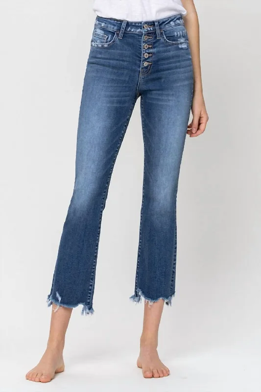 Traci High Rise Exposed Button Jeans In Blue Cozy Relaxed Fit Jeans
