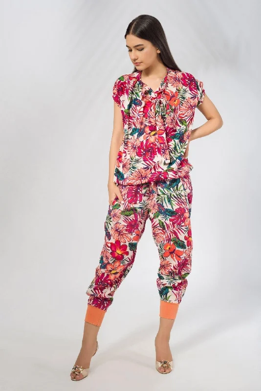 Potpourri Print Blouse with Neck Tie Stretchy Fitted Blouse