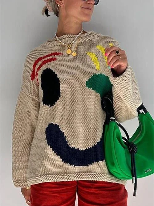 Happy Go Lucky Long Sleeve Sweater Front Pockets Side Pockets Patch Pockets