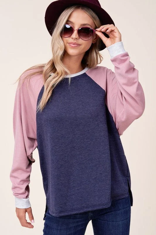 E Luna Solid Terry Color Block Sweatshirt Hoodie with V-Neck Classic Versatile