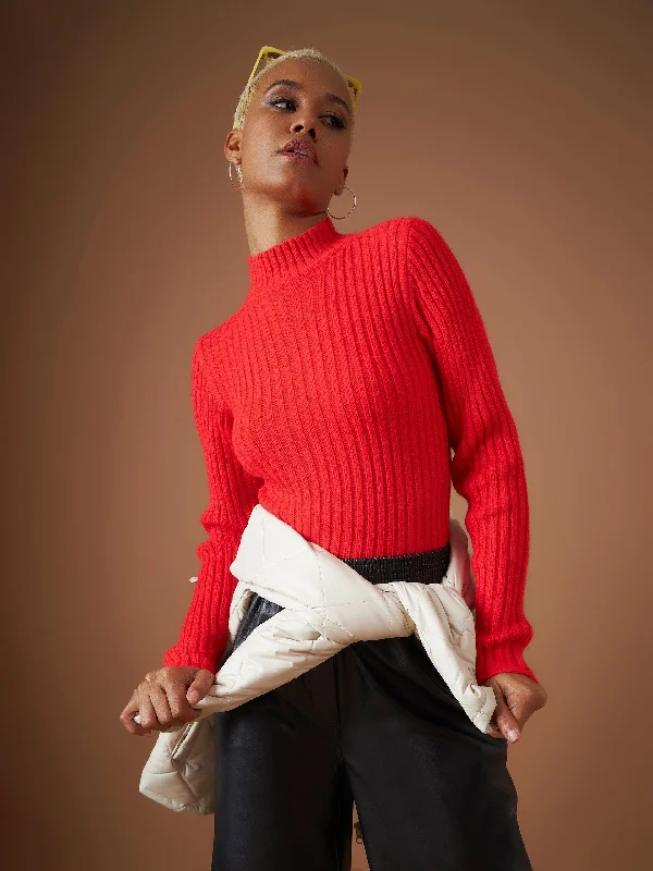 Women Red Rib Full Sleeves High Neck Sweater Zippered Front Buttoned Front Snap Front Women Red Rib Full Sleeves High Neck Sweater Zippered Front Buttoned Front Snap Front