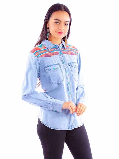 Women's Honey Creek Collection Blouse: Denim and Aztec Design Elegant Embroidery Blouse Women's Honey Creek Collection Blouse: Denim and Aztec Design Elegant Embroidery Blouse