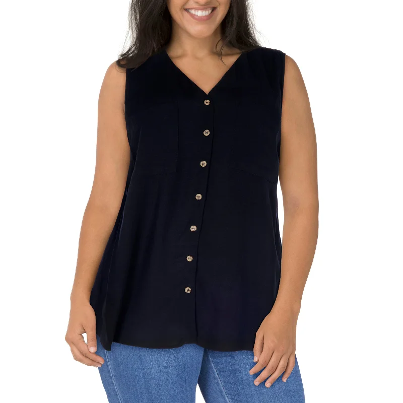 Women's Plus Ocean Blues Sleeveless Linen Blouse Modern Work Blouse