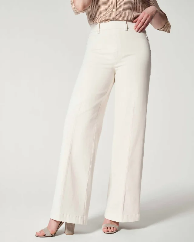 Seamed Front Wide Leg Jeans In Ecru Fashionable Raw Edge Jeans