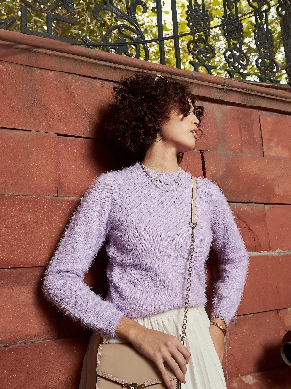 Women Purple Round Neck Hairy Fur Pullover Sweater Hooded Sweater Collared Sweater Shawl Collar Women Purple Round Neck Hairy Fur Pullover Sweater Hooded Sweater Collared Sweater Shawl Collar