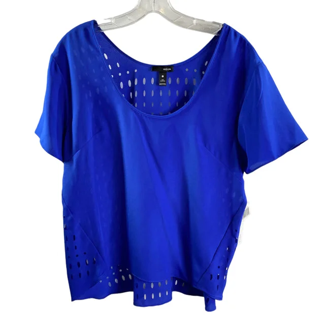 AQUA Size LARGE Royal Short Sleeve NWT BLOUSE Ruched Sleeve Blouse