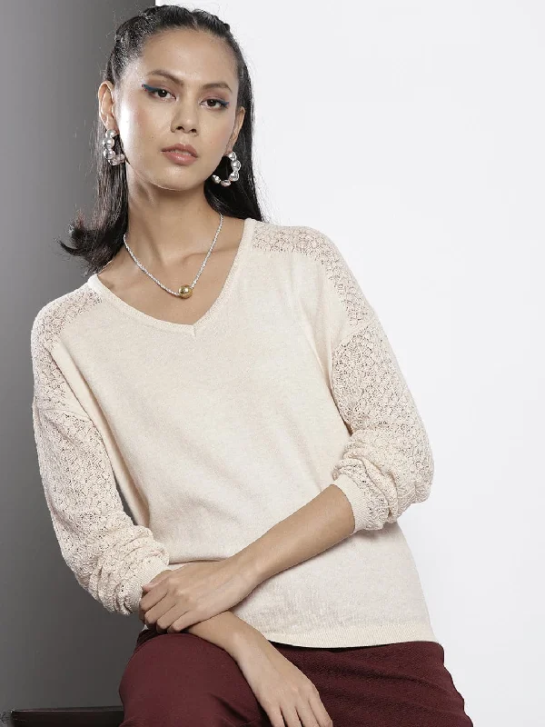 Women Beige Knitted V-Neck Full Sleeves Sweater Striped Floral Plaid