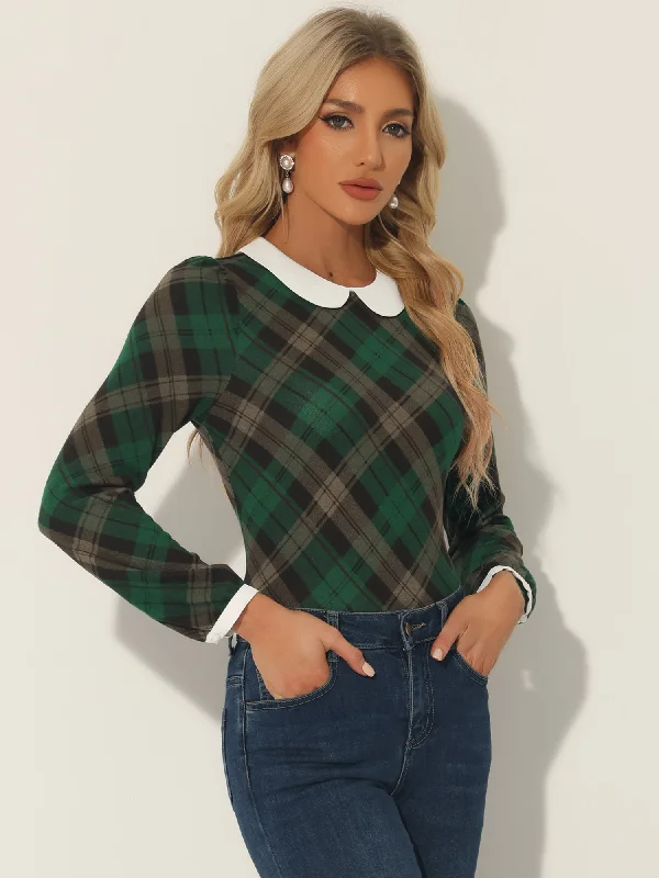 Peter Pan Collar Contrast Puff Sleeve Party Plaid Shirt Blouse High Neck Blouse