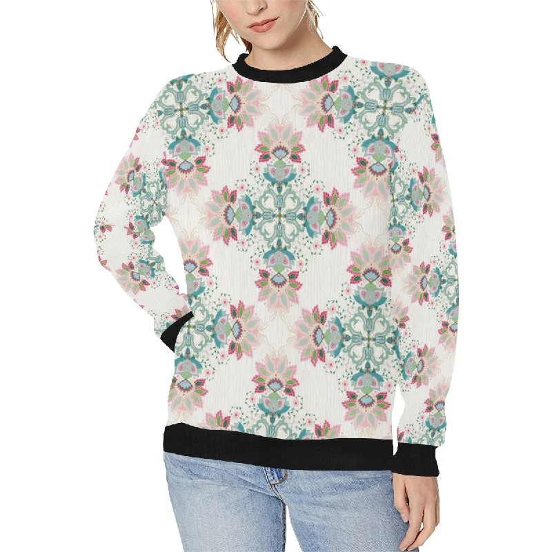 Square floral indian flower pattern Women's Crew Neck Sweatshirt Hoodie with Oversized Fit Loose Comfortable