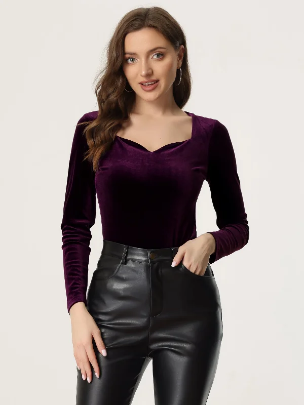 Casual Velvet Long Sleeve Solid Color Sweetheart Neck Blouse Slim Fit Blouse