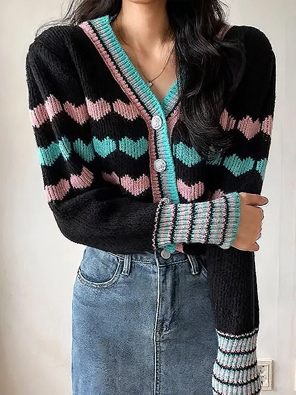 Heart Pattern Crop Cardigan Sweater Denim Fabric Leather Fabric Suede Fabric