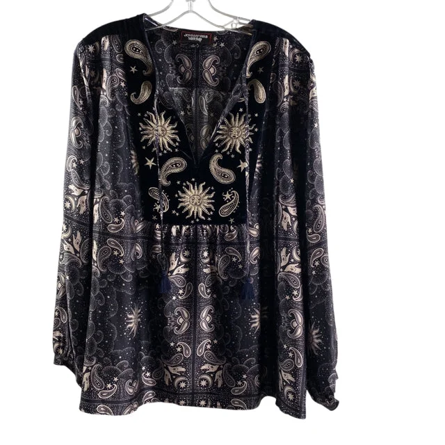 JOHNNY WAS Size X-LARGE B/W Print BLOUSE Puff Sleeve Blouse