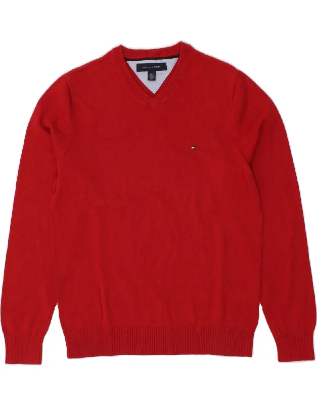 TOMMY HILFIGER Mens V-Neck Jumper Sweater Small Red Cotton Glossy Satin Silk