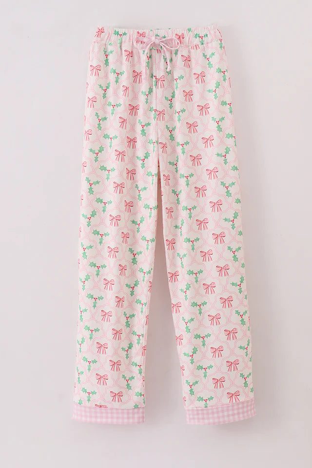 Women's Pink Christmas Holly Print PJ Pants Comfortable Denim Trousers