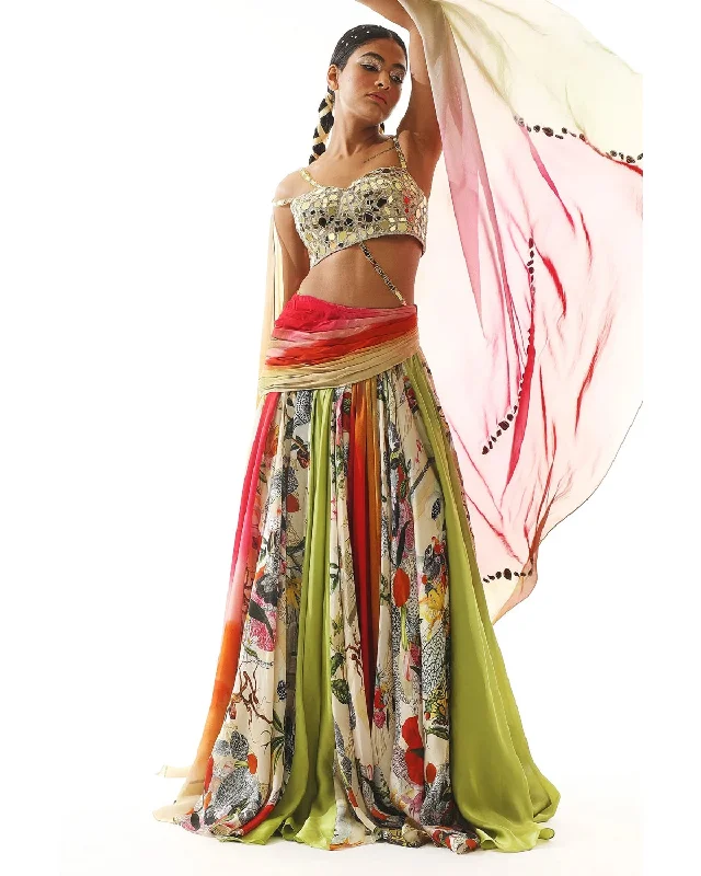 Multi-Colored Satin Organza Printed Lehenga and Mirror Blouse Set Chic Off-Shoulder Blouse