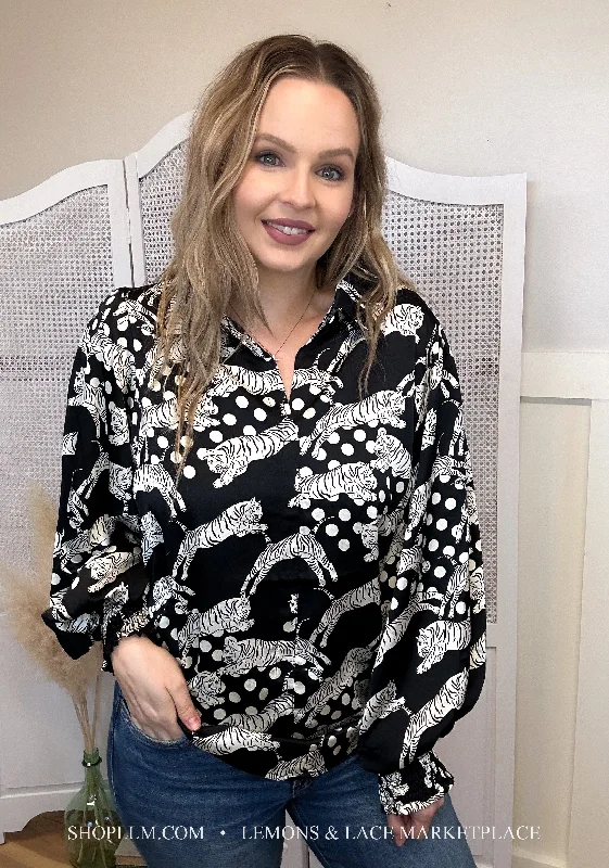 Long Sleeve Tiger Print Blouse Flowy Bohemian Blouse