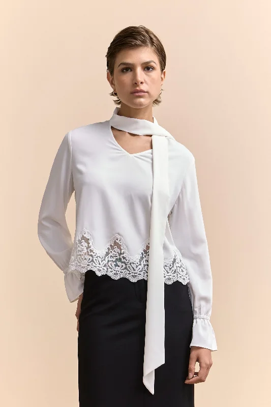 Cropped blouse with lace hem Cotton Casual Blouse