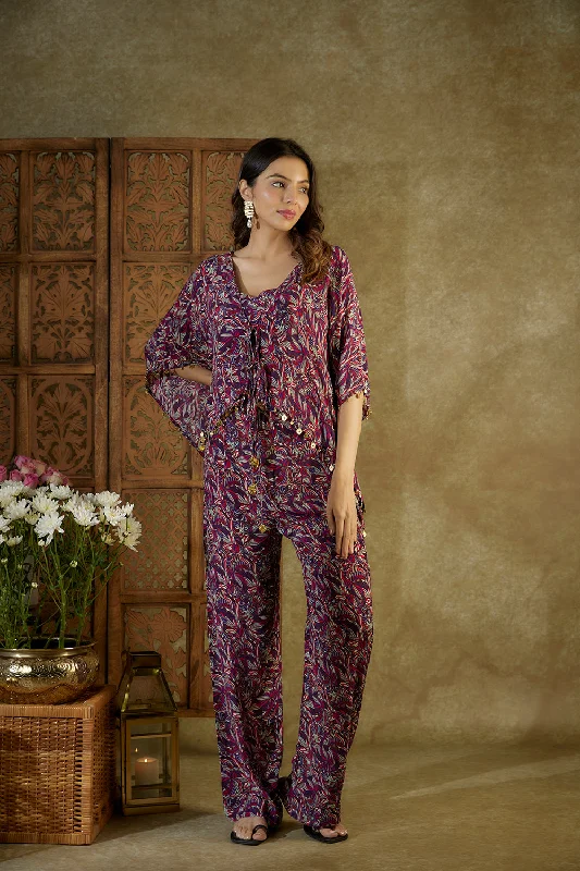 Purple Printed Kaftan Top, Bustier And Pants Co Ord Set Classic Stretch Pants