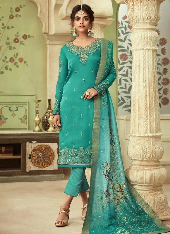 Sea Green Pant style Suit Satin Georgette Elegant Wool Trousers