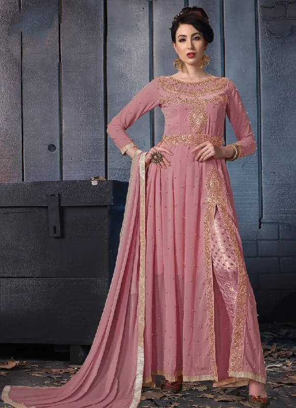 Dusty Pink Pant style Salwar Suit Faux Georgette With Coding Fashionable Track Pants