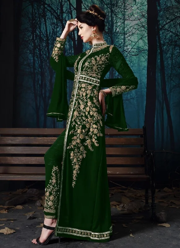 Bottle Green Pant style Straight Faux Georgette Relaxed High-Waist Trousers