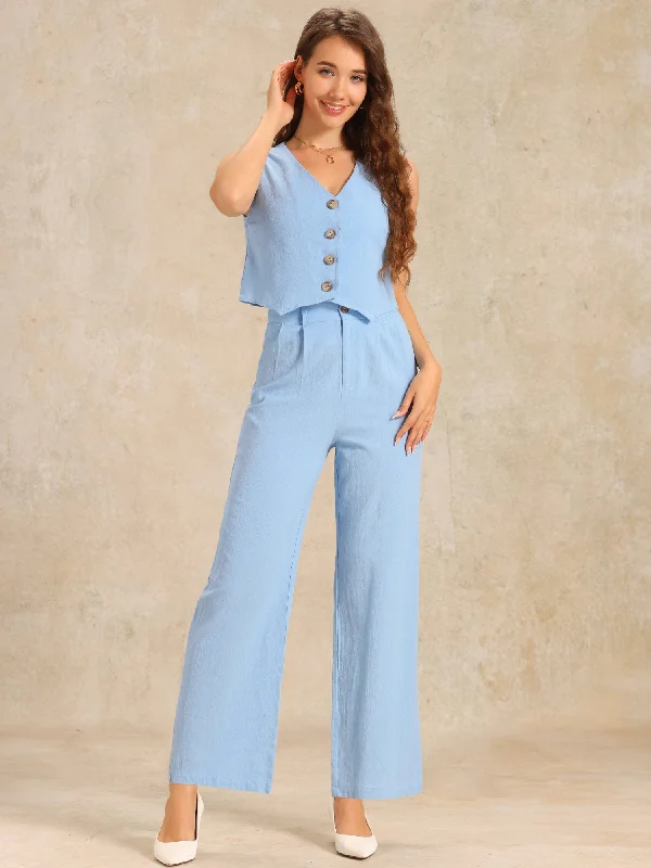 2 Pieces Sleeveless Cropped Vest & Straight Leg Pants Set Elegant Palazzo Trousers