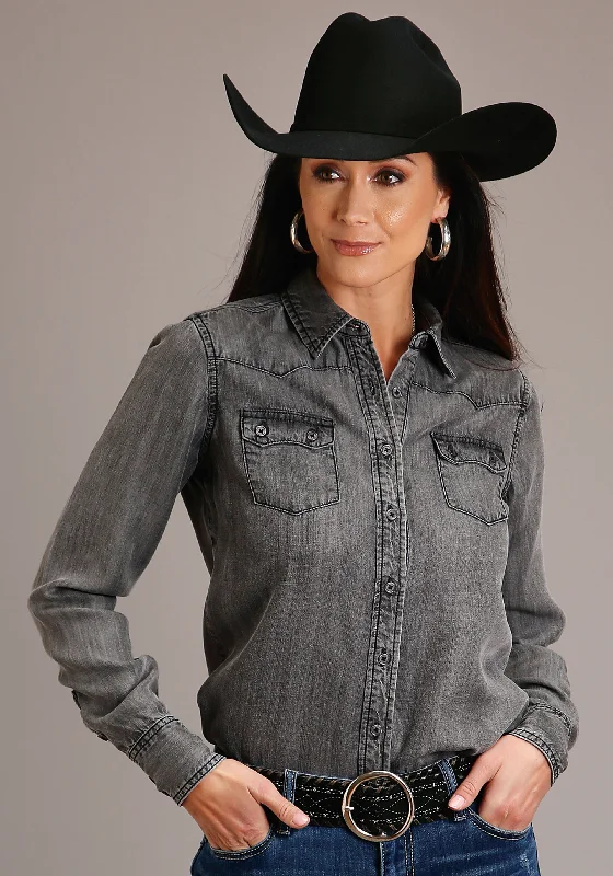 Stetson Black Wash Denim Blouse Sheer Sleeve Blouse