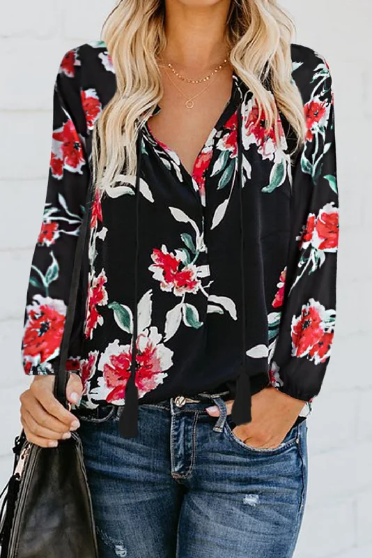 Black Floral Print Peasant Long Sleeve Blouse Puff Sleeve Blouse