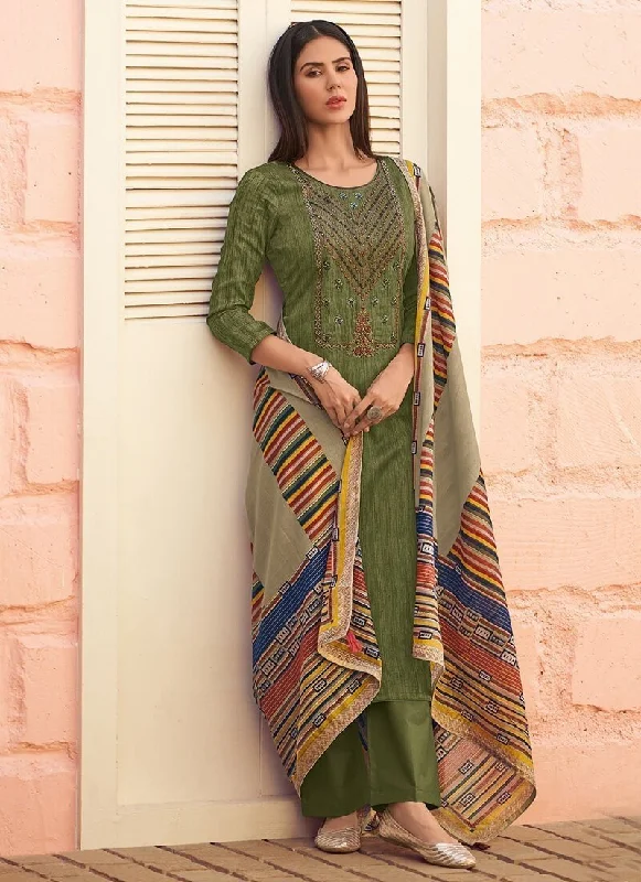 Mehendi Green Pure Jam Cotton  Pant Suit Fashionable Jogger Pants