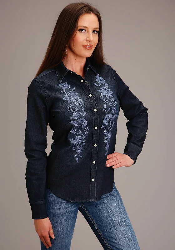 Stetson Dark Denim Long Sleeve Blouse Textured Cotton Blouse